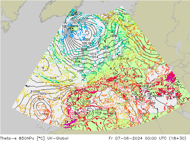 Theta-e 850hPa UK-Global vie 07.06.2024 00 UTC