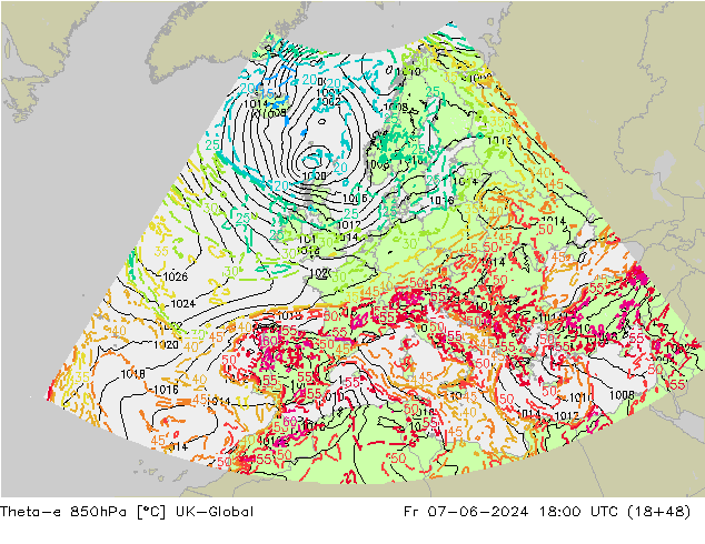 Theta-e 850hPa UK-Global  07.06.2024 18 UTC