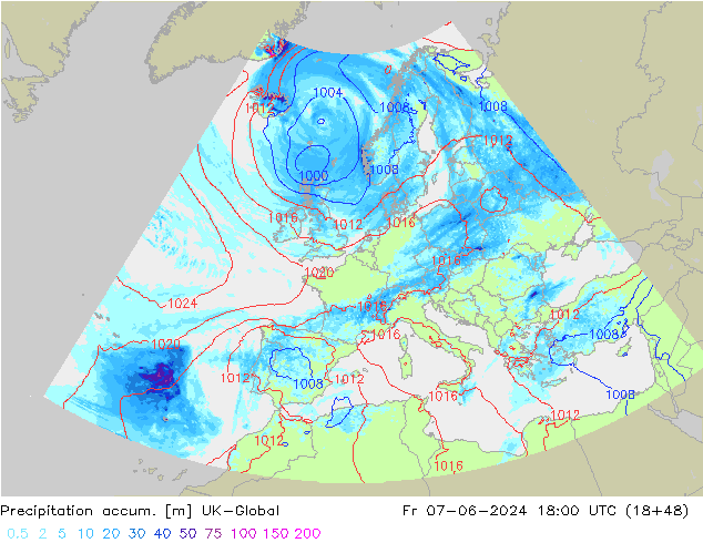 Precipitation accum. UK-Global Fr 07.06.2024 18 UTC