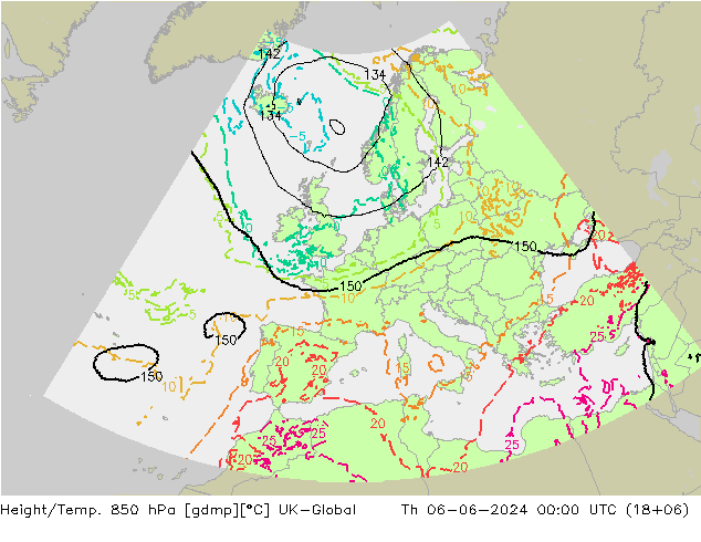 Hoogte/Temp. 850 hPa UK-Global do 06.06.2024 00 UTC