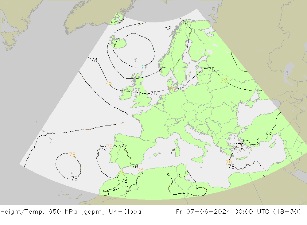 Hoogte/Temp. 950 hPa UK-Global vr 07.06.2024 00 UTC