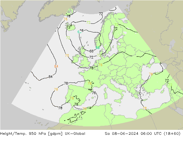 Height/Temp. 950 hPa UK-Global so. 08.06.2024 06 UTC