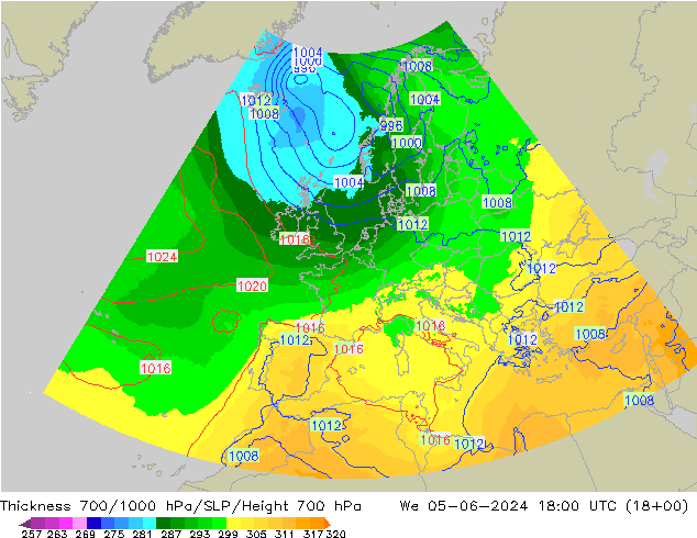 Schichtdicke 700-1000 hPa UK-Global Mi 05.06.2024 18 UTC