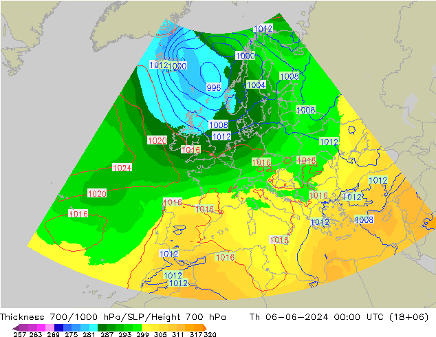Thck 700-1000 hPa UK-Global Th 06.06.2024 00 UTC