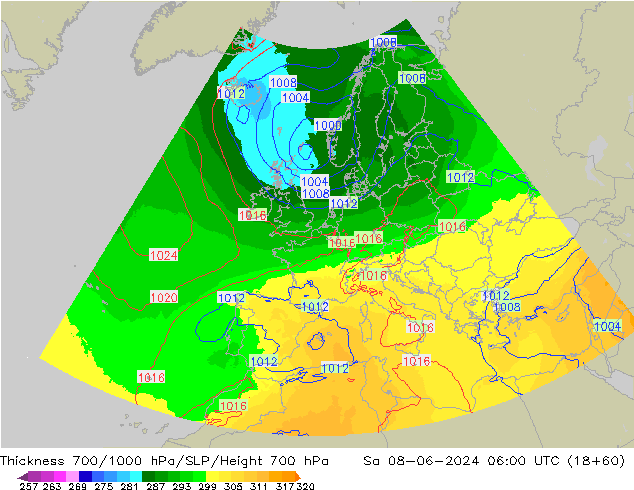 Espesor 700-1000 hPa UK-Global sáb 08.06.2024 06 UTC