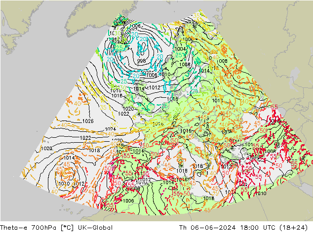 Theta-e 700hPa UK-Global Do 06.06.2024 18 UTC