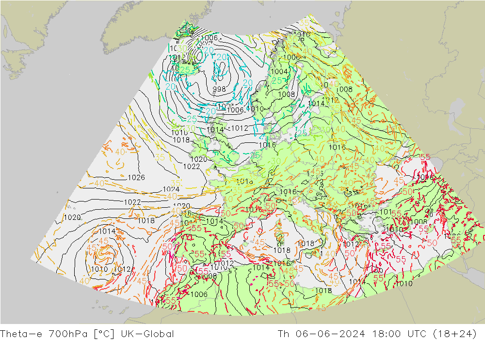 Theta-e 700hPa UK-Global do 06.06.2024 18 UTC