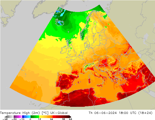 Max.temperatuur (2m) UK-Global do 06.06.2024 18 UTC