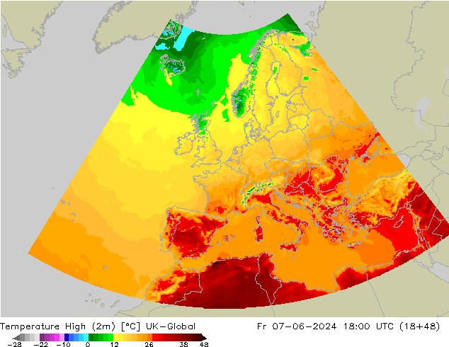 Höchstwerte (2m) UK-Global Fr 07.06.2024 18 UTC