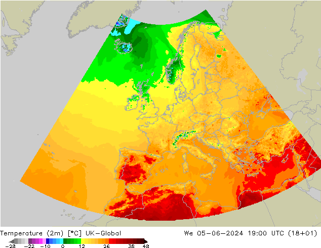 Temperature (2m) UK-Global We 05.06.2024 19 UTC