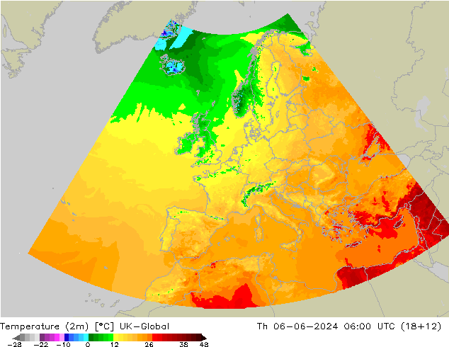 Temperature (2m) UK-Global Th 06.06.2024 06 UTC