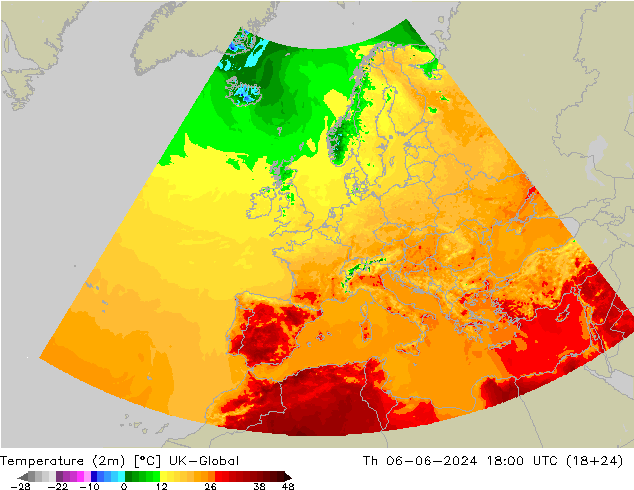 Temperatuurkaart (2m) UK-Global do 06.06.2024 18 UTC