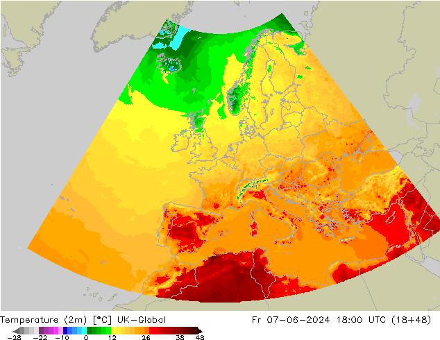 Temperature (2m) UK-Global Pá 07.06.2024 18 UTC