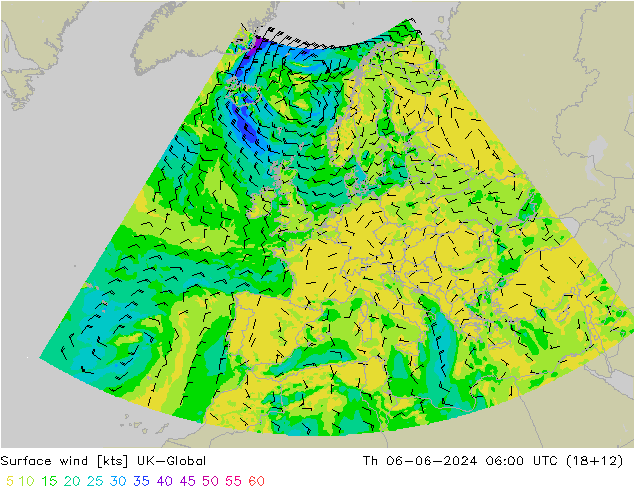 Surface wind UK-Global Th 06.06.2024 06 UTC