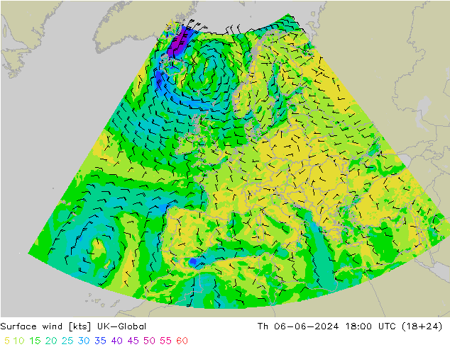 Viento 10 m UK-Global jue 06.06.2024 18 UTC