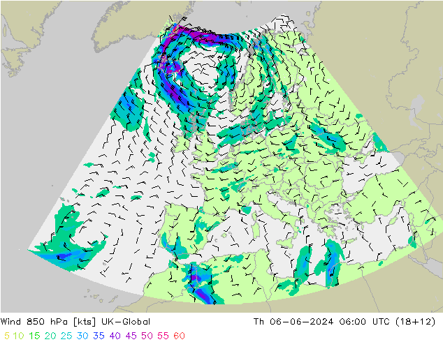 Wind 850 hPa UK-Global Do 06.06.2024 06 UTC