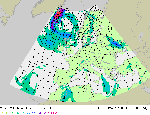 Rüzgar 850 hPa UK-Global Per 06.06.2024 18 UTC