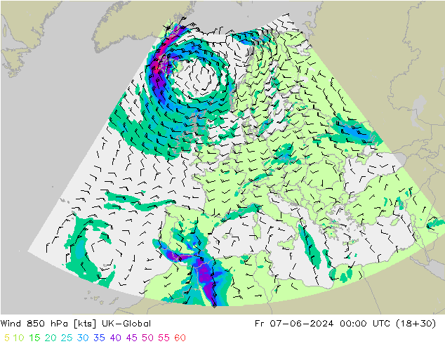 Vent 850 hPa UK-Global ven 07.06.2024 00 UTC