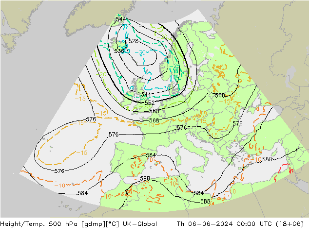 Height/Temp. 500 hPa UK-Global czw. 06.06.2024 00 UTC