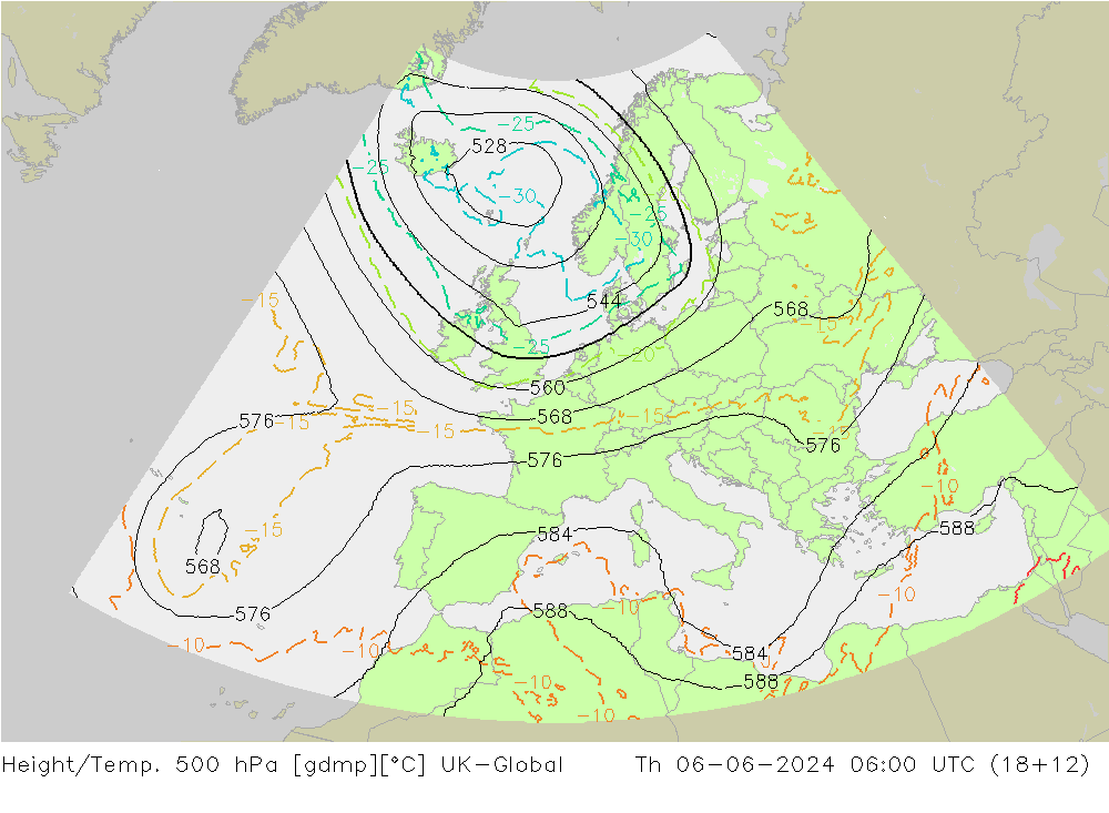 Height/Temp. 500 hPa UK-Global gio 06.06.2024 06 UTC