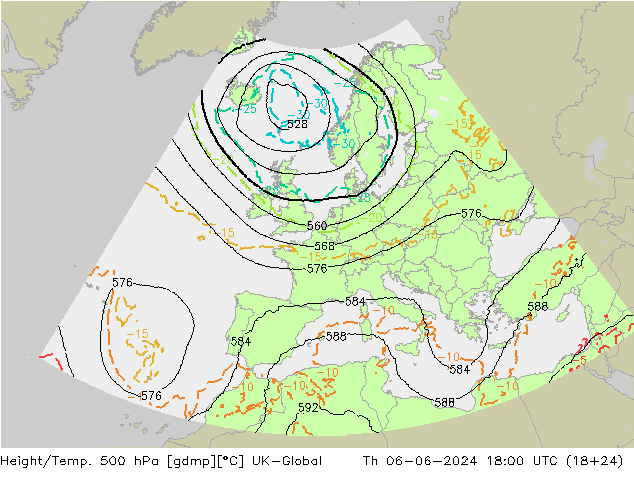 Height/Temp. 500 hPa UK-Global Qui 06.06.2024 18 UTC