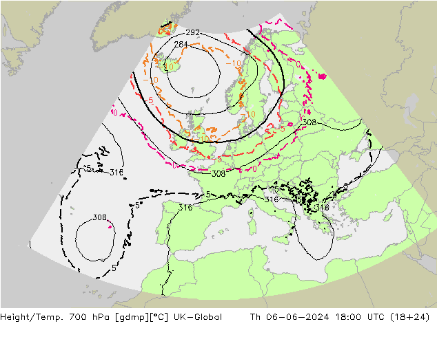 Height/Temp. 700 hPa UK-Global Qui 06.06.2024 18 UTC