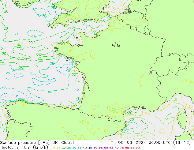 Isotachs (kph) UK-Global gio 06.06.2024 06 UTC