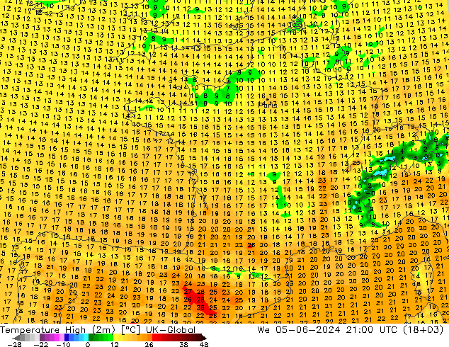 temperatura máx. (2m) UK-Global Qua 05.06.2024 21 UTC