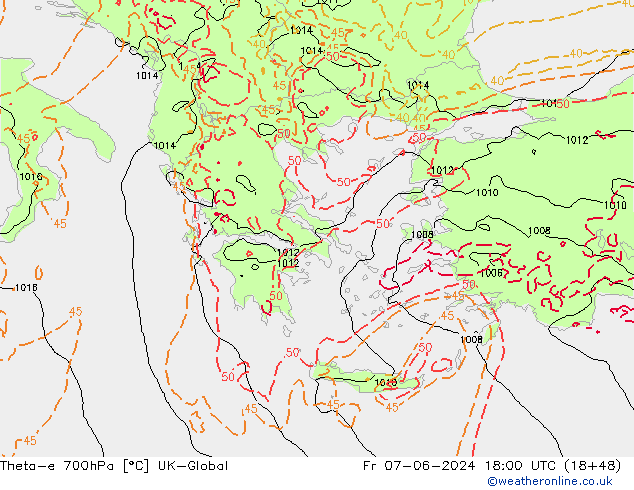 Theta-e 700hPa UK-Global Fr 07.06.2024 18 UTC