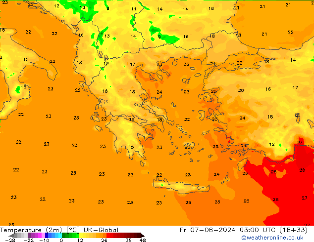 Temperature (2m) UK-Global Fr 07.06.2024 03 UTC