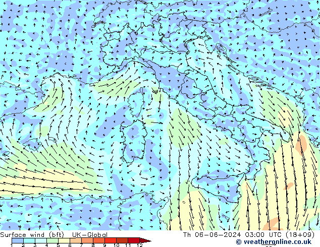 Surface wind (bft) UK-Global Th 06.06.2024 03 UTC