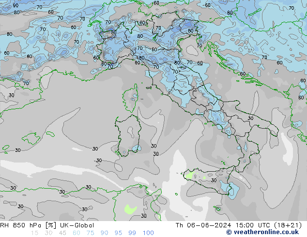 RH 850 hPa UK-Global Th 06.06.2024 15 UTC