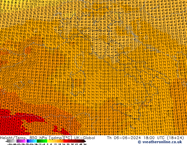 Height/Temp. 850 hPa UK-Global Th 06.06.2024 18 UTC