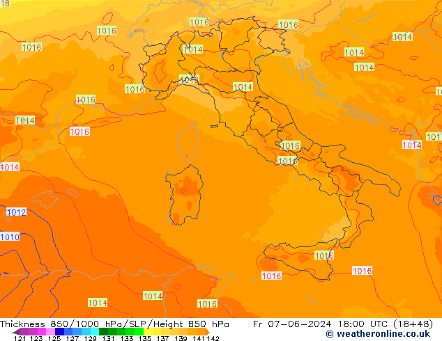 Espesor 850-1000 hPa UK-Global vie 07.06.2024 18 UTC