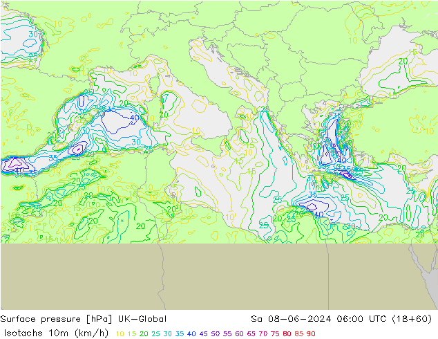 Isotachs (kph) UK-Global Sa 08.06.2024 06 UTC