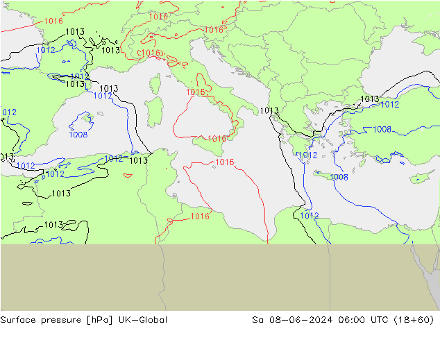 Presión superficial UK-Global sáb 08.06.2024 06 UTC