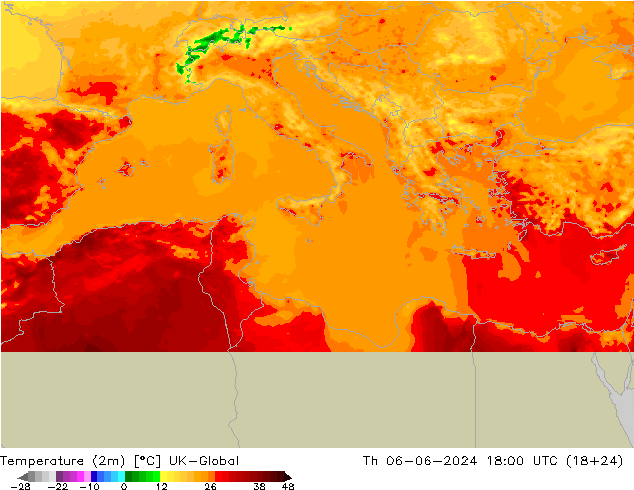 Temperatura (2m) UK-Global jue 06.06.2024 18 UTC