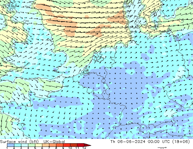 Bodenwind (bft) UK-Global Do 06.06.2024 00 UTC