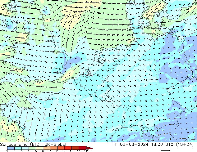 Bodenwind (bft) UK-Global Do 06.06.2024 18 UTC