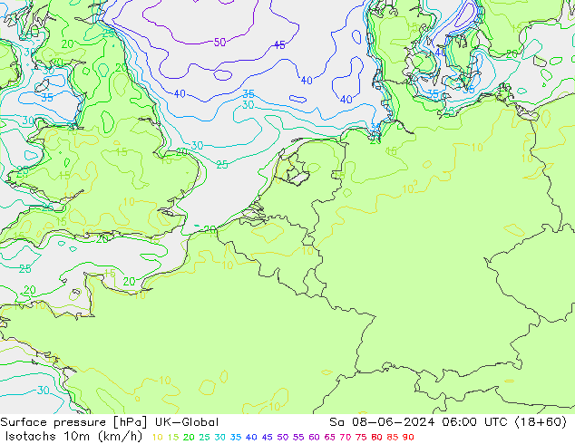 Isotachen (km/h) UK-Global za 08.06.2024 06 UTC