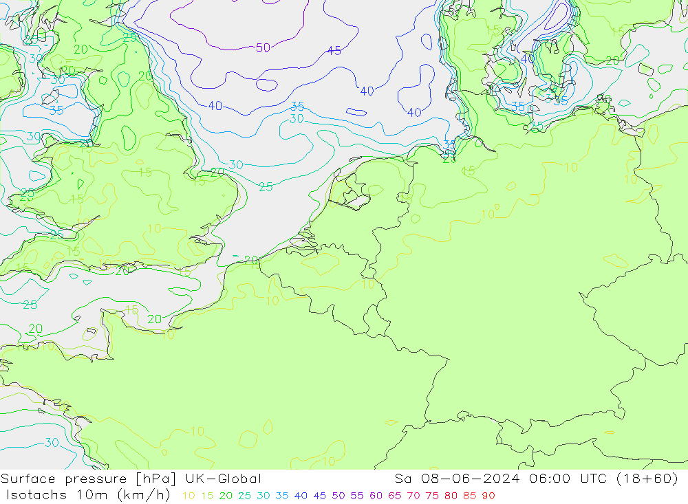 Isotachen (km/h) UK-Global za 08.06.2024 06 UTC