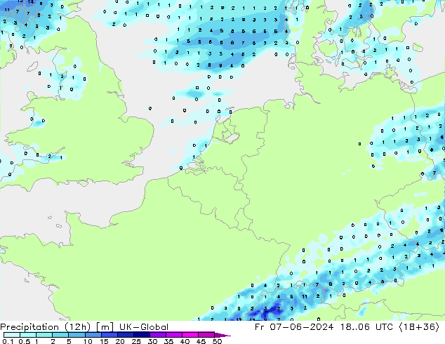 Precipitation (12h) UK-Global Fr 07.06.2024 06 UTC