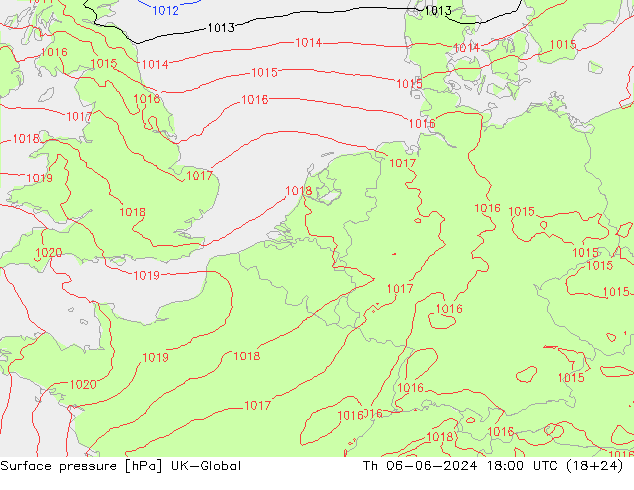 Atmosférický tlak UK-Global Čt 06.06.2024 18 UTC