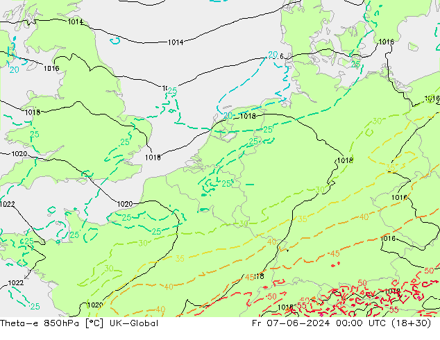 Theta-e 850hPa UK-Global vr 07.06.2024 00 UTC