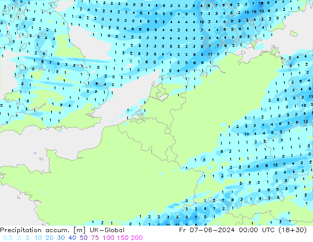 Totale neerslag UK-Global vr 07.06.2024 00 UTC
