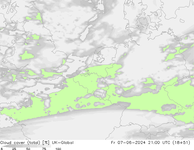 Cloud cover (total) UK-Global Fr 07.06.2024 21 UTC