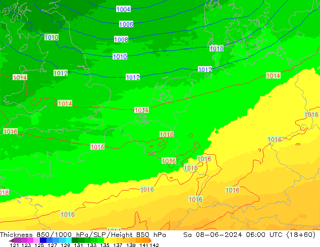 Schichtdicke 850-1000 hPa UK-Global Sa 08.06.2024 06 UTC