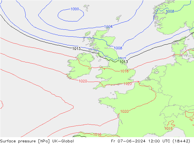 Pressione al suolo UK-Global ven 07.06.2024 12 UTC