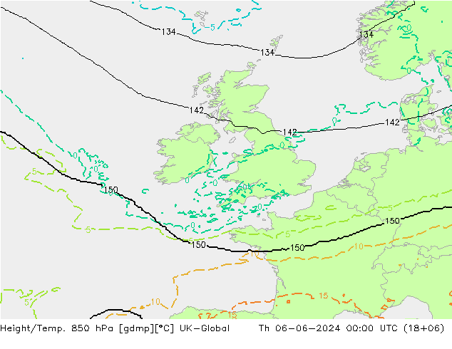 Geop./Temp. 850 hPa UK-Global jue 06.06.2024 00 UTC