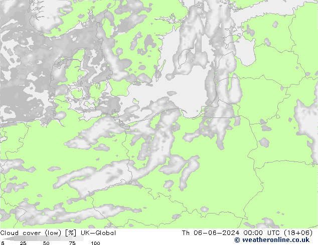 Cloud cover (low) UK-Global Th 06.06.2024 00 UTC